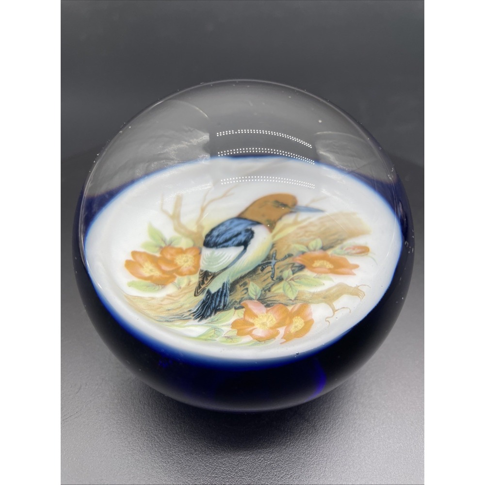 1970s Henry Davis Blown Art Glass Paperweight Hand-Painted Song Bird Floral Rare